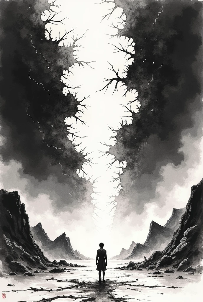 Ink Painting。Background is the collapse of the sky，The scene was very shocking。Size is 600*800 pcs。The sky above cracked，To create a vast sky that seems endless，160pk。Below is the broken earth，The mountain is broken，To account for 200pk。A person standing on the ground，Knee bending，Look up at the sky with a determined look，High 80pk。Leave space on left and right。