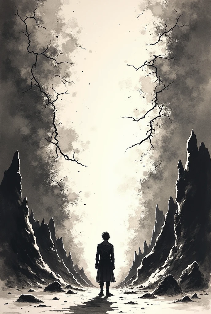 Ink Painting。Background is the collapse of the sky，The scene was very shocking。Size is 600*800 pcs。The sky above cracked，To create a vast sky that seems endless，160pk。Below is the broken earth，The mountain is broken，To account for 200pk。A person standing on the ground，Knee bending，Look up at the sky with a determined look，High 80pk。Leave space on left and right。