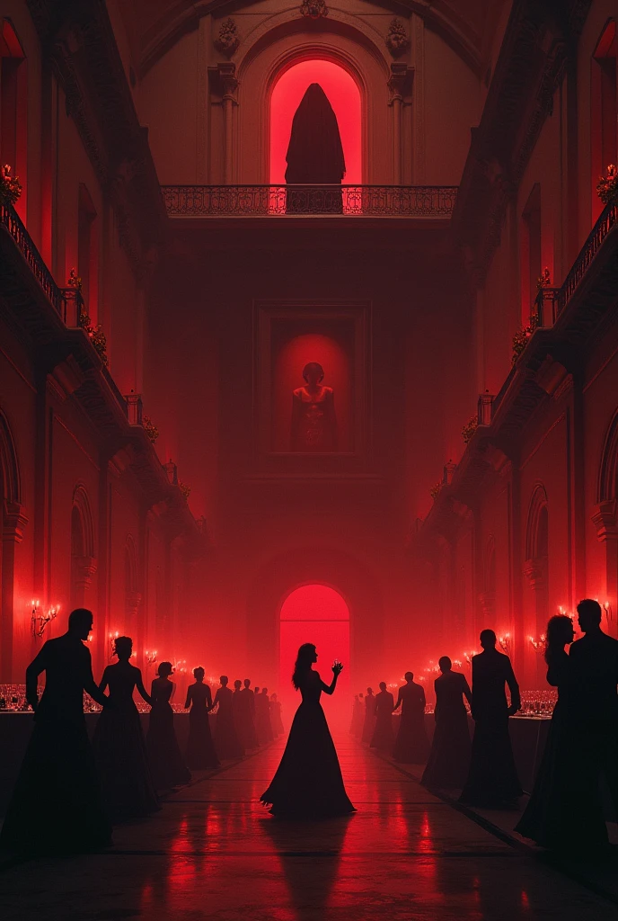 A huge gothic ballroom, filled with red light, with high painted ceilings. The hall is scary and gloomy, inside him dance the dark and gloomy, but beautiful, people in long dresses or suits. There are tables along the edges, with an abundance of glasses of wine. People dance the waltz in pairs. There is a beautiful balcony at the very end of the hall., On it stands the host of the ball, shrouded in darkness and watching the celebration.
