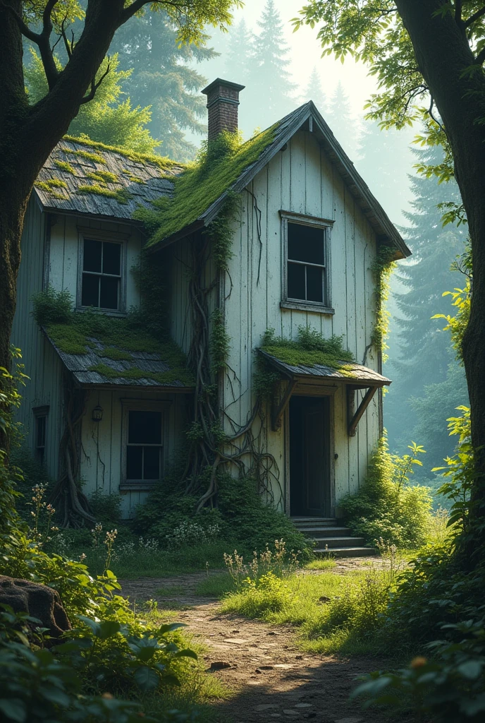 An abandoned white house in the middle of the forest with roots in the walls