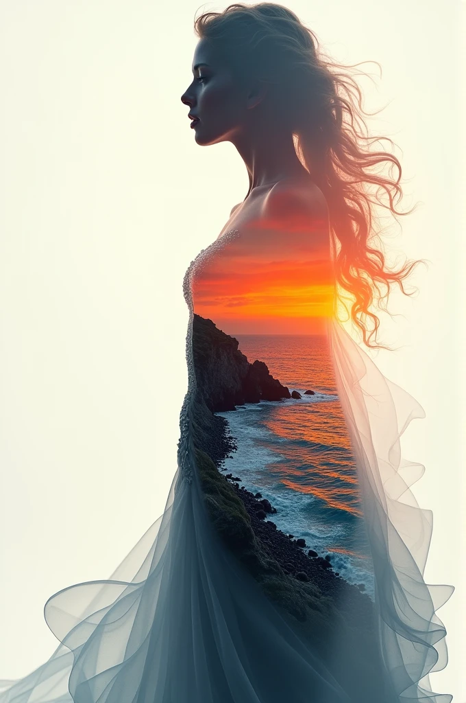 high quality, 8K Ultra HD, A beautiful double exposure that combines an goddess silhouette
with sunset coast, sunset coast should serve as the underlying backdrop, with its details incorporated into the goddess , crisp lines, The background is monochrome, sharp focus, double exposure, by yukisakura, awesome full color,
