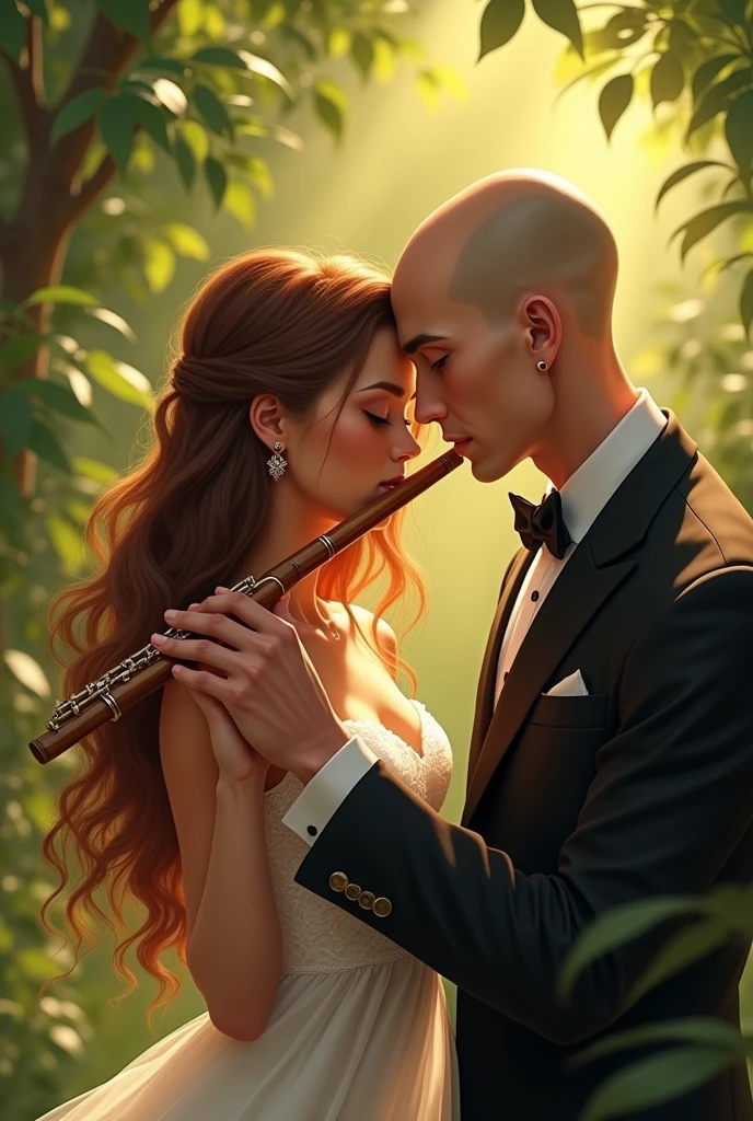 A Brazilian woman, chestnut hair, playing the flute and a bald conductor in love