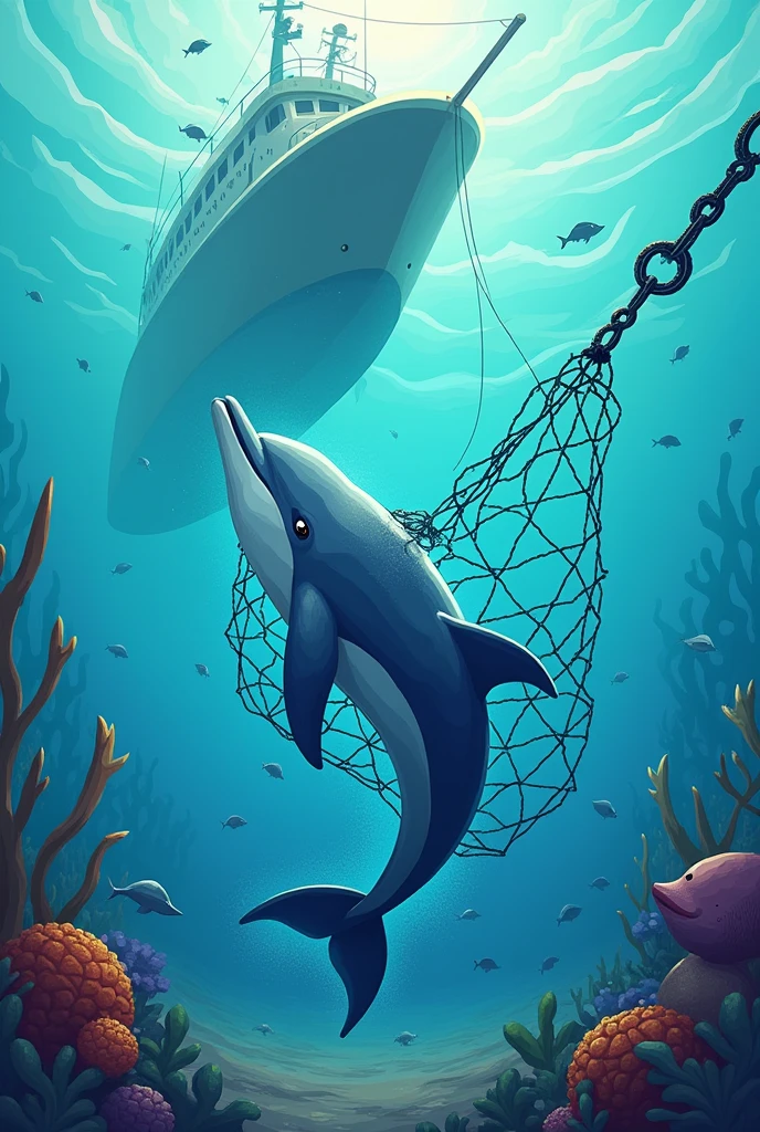 dolphin with its tail caught in an industrial fishing net in the sea of a huge fishing vessel of fish underwater, clearer image with more sea elements, more colorful and for children