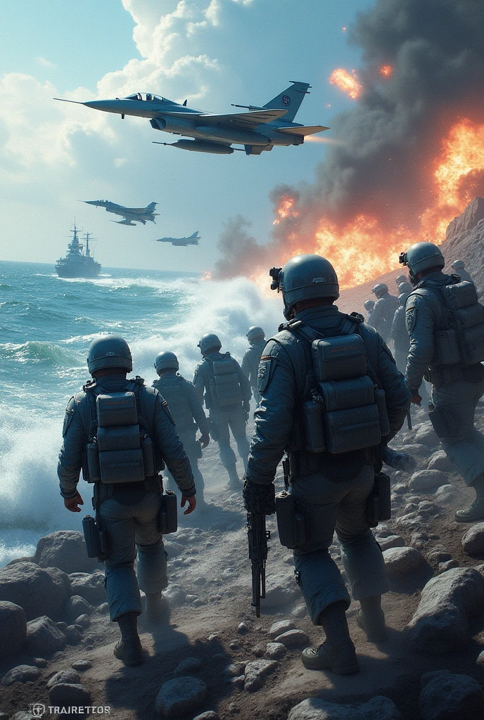 Blue task force (navy, Air Force, infantry) fighting at the sea, close to shore 