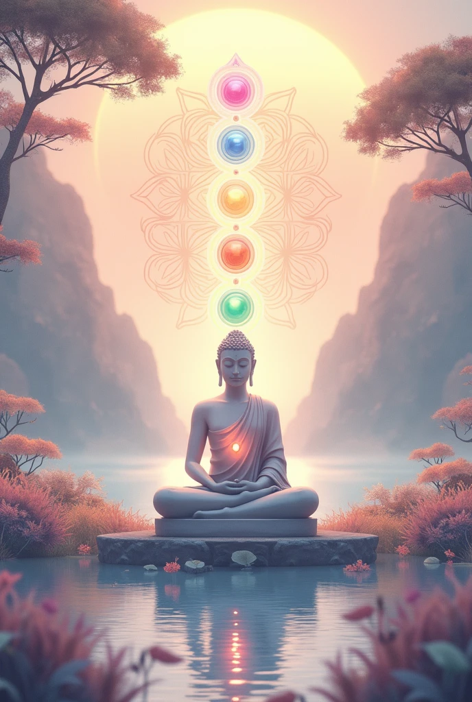 Pastel zen decoration with the 7 chakras, a seed of life and Buddha. No fundo, a landscape of water and vegetation.