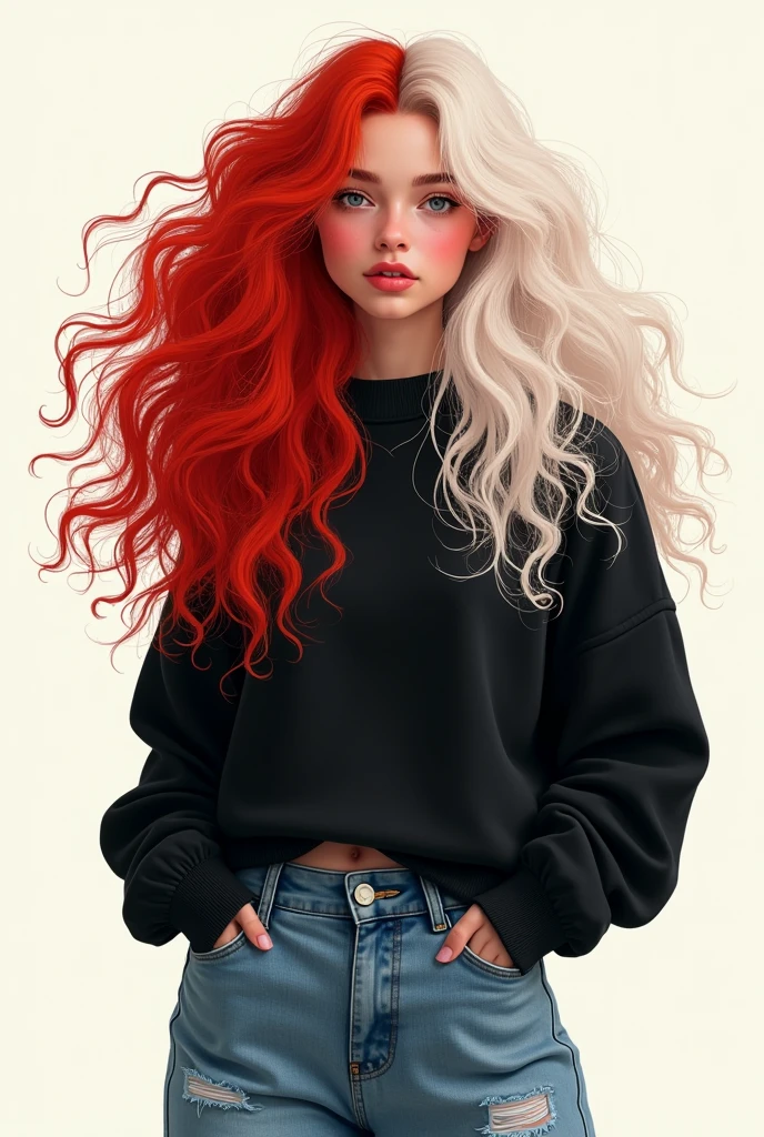 As if it were a digital drawing A 20-year-old woman with long red and white wavy and curly hair Wearing a black sweater and baggy jeans