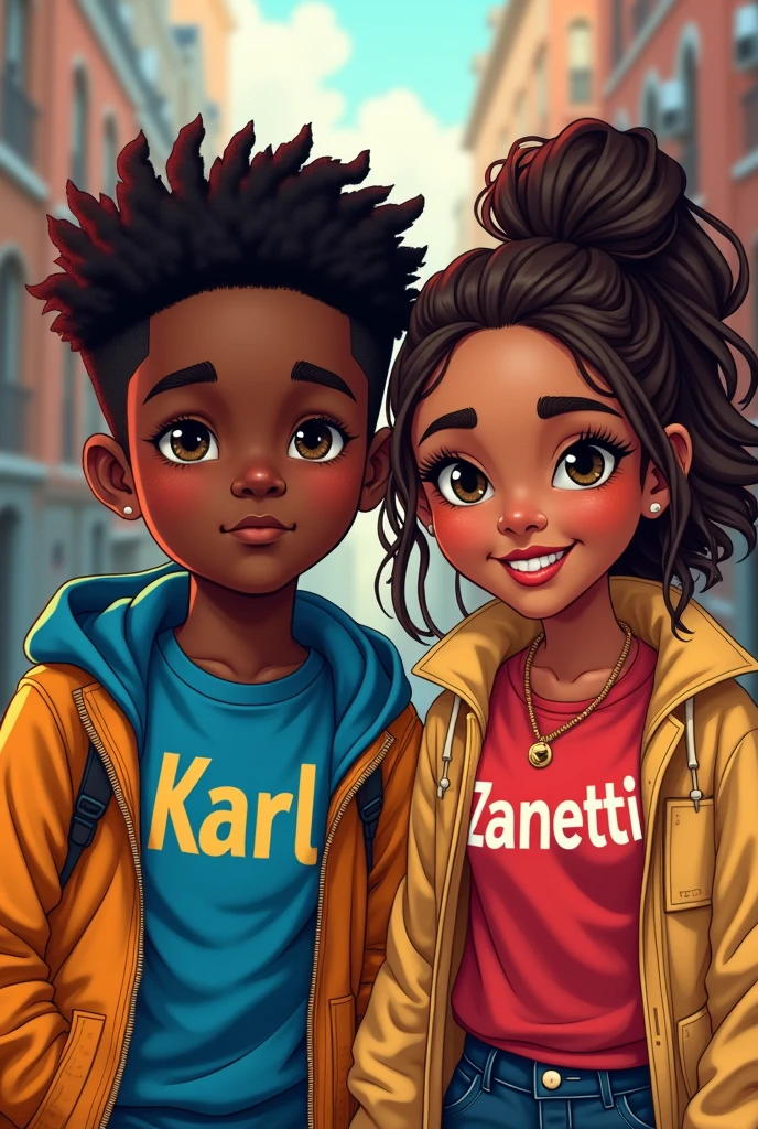 A black boy with karl written on his outfit with a mixed race girl with zanetti written on it 