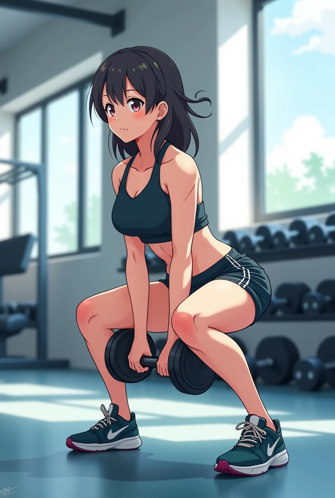 A anime girl performs a lateral squat while holding a dumbbell in a fitness studio. She has a determined expression and is dressed in a sleeveless top and shorts. Equipment, including a rack of dumbbells, is visible in the background. Text overlays provide instructions for proper squat form. The scene is bright with large windows letting in natural light from back point of view and she is lateral squatting completly to the left side.