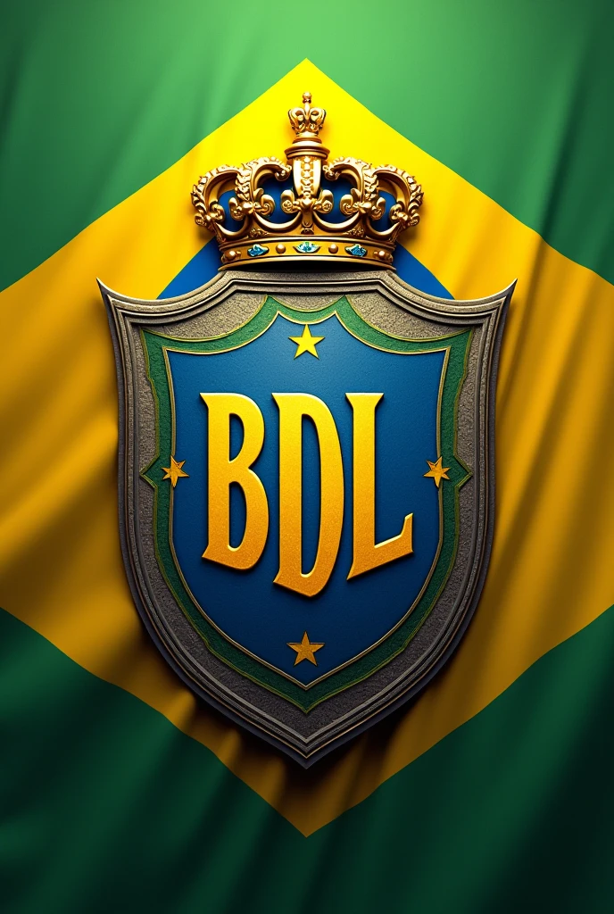 create a Brazilian national team football shield with the letters BDL inside the shield and the name BRASIL DE LIMEIRA outside the shield with a crown on top