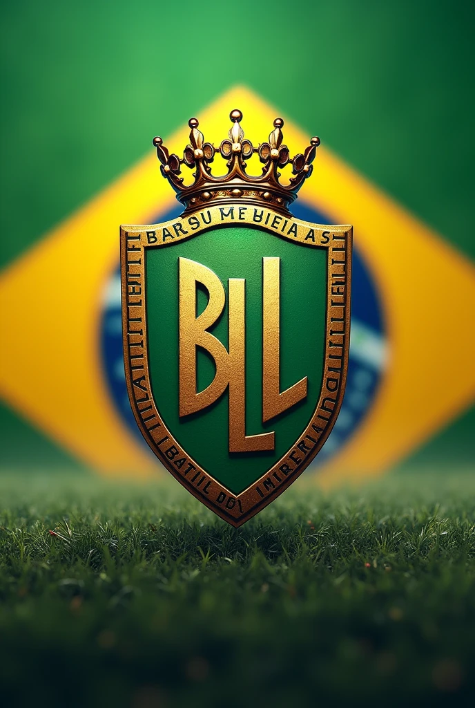 create a Brazilian national team football shield with the letters BDL inside the shield and the name BRASIL DE LIMEIRA outside the shield with a crown on top