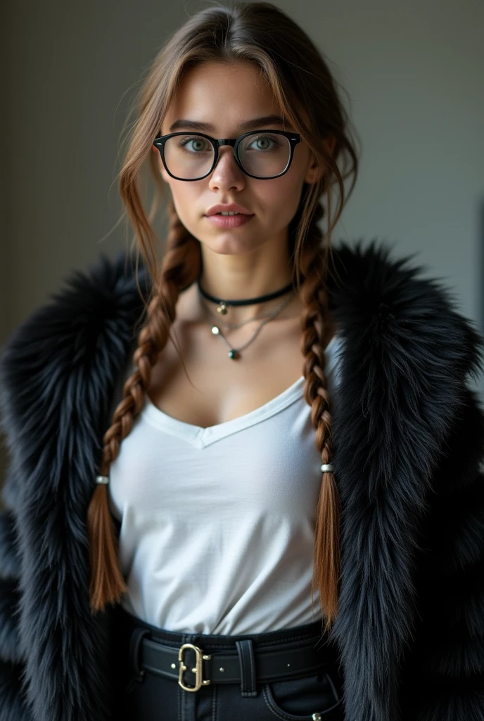 A girl, black fur, Glasses, cyberpunk, alone, high waistband, small bust, woman with braided brown hair, Sophisticated young woman, White T-shirt, black school shirt, sexy appearance