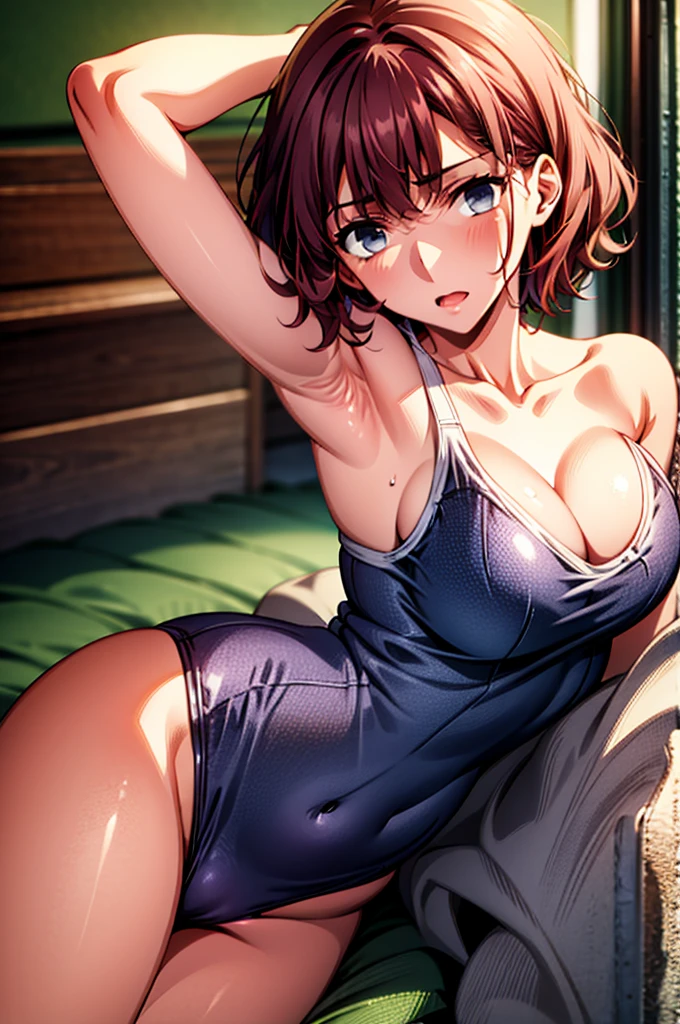 masterpiece,Highest quality,8k,Ultra-high resolution,Very detailed,appropriate margins,perfection2Book Arms,perfection5本の指,perfection人体,perfection瞳,((Cowboy Shot)),break,Bright expression,(1 person),(The most beautiful woman),Slim figure,((The most amazing big breasts)),Cleavage,Moisturized Skin,Fair skin,break,((Red Hair)),Center Part,short hair,Wavy Hair,break,Thin eyebrows,break,(Black eyes),break,((School Swimsuit)),break,Embarrassing,((forward leaning posture)),Make eye contact with your audience,nsfw