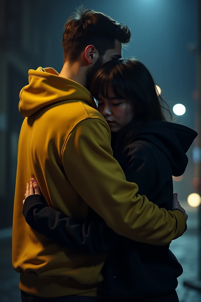 Can you make 2 people hugging in night time ( man wearing yellow hoodie hugging women in her waist she wearing black hoodie)