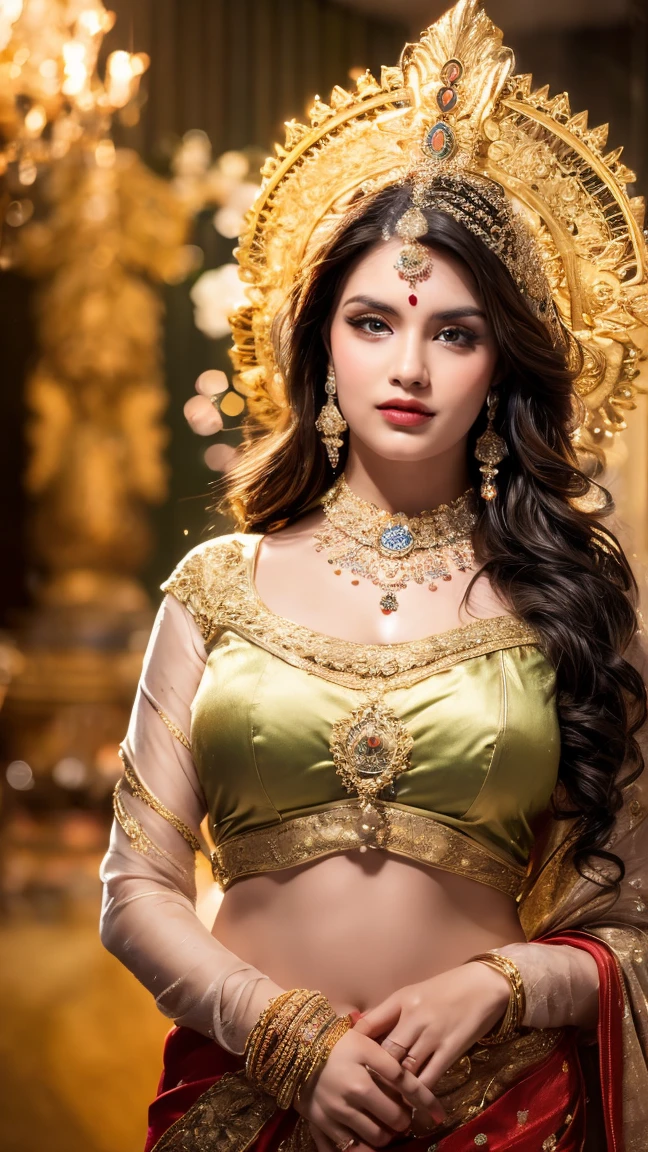 ((Best quality, 8k, Masterpiece :1.3)), Sharp focus :1.2, Generate a realistic image of a beautiful sexy Indian woman plus size body: 8.5 dressed in a white Kasava diamond saree, adorned with traditional ornaments, standing in a well-lit room with cinematic lighting. ((Front view, random elegant pose)), and there is a sense of grace and elegance in her posture. The background should complement the scene, enhancing the overall aesthetic appeal of the image. Photography by Brandon Woelfel, Full shot: Canon EF 16-35mm f/2.8L III USM lens on a Canon EOS 9D Mark IV camera, ultra realistic, 64k, HD