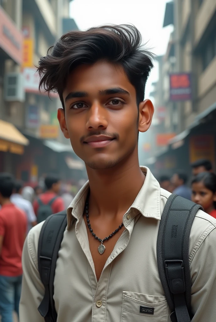 17 year old Indian boy handsome wearing normal dress posing for name Nadeem kolkata in background