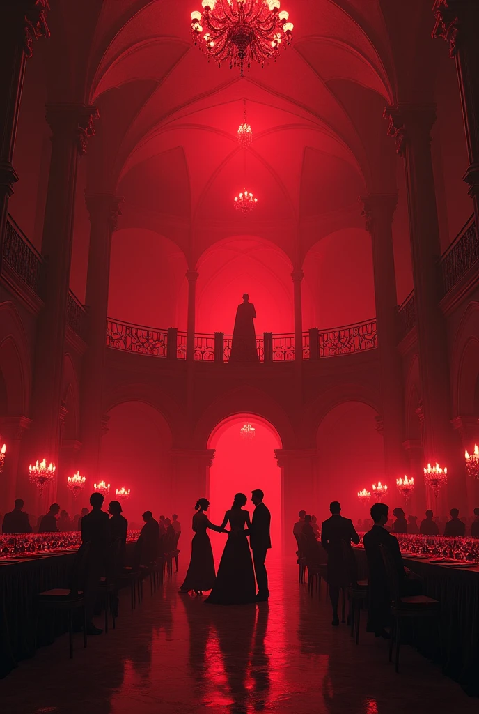 huge, a very large gothic ballroom, filled with red light, with high painted ceilings. The hall is scary and gloomy, inside him dance the dark and gloomy, but beautiful, people in long dresses or suits. There are tables along the edges, with an abundance of glasses of wine. People dance the waltz in pairs. There is a beautiful balcony at the very end of the hall., On it stands the host of the ball, shrouded in darkness and watching the celebration.