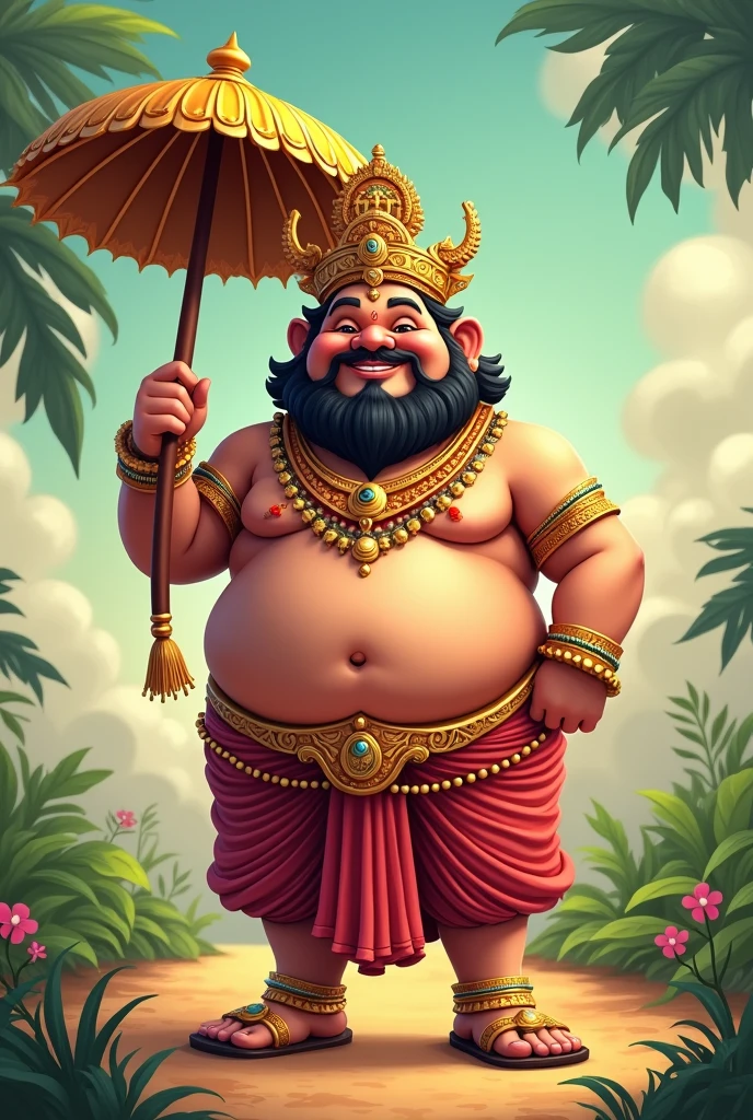 Onam king mahabali big belly cutr amine cartoon photos with crown and a mythical king of Kerala and a descendant of the sage Kashyapa.maveli wear footwear, satin dhoti, a decorated breastplate, ornaments, the crown and olakkuda (umbrella made of palm leaves).