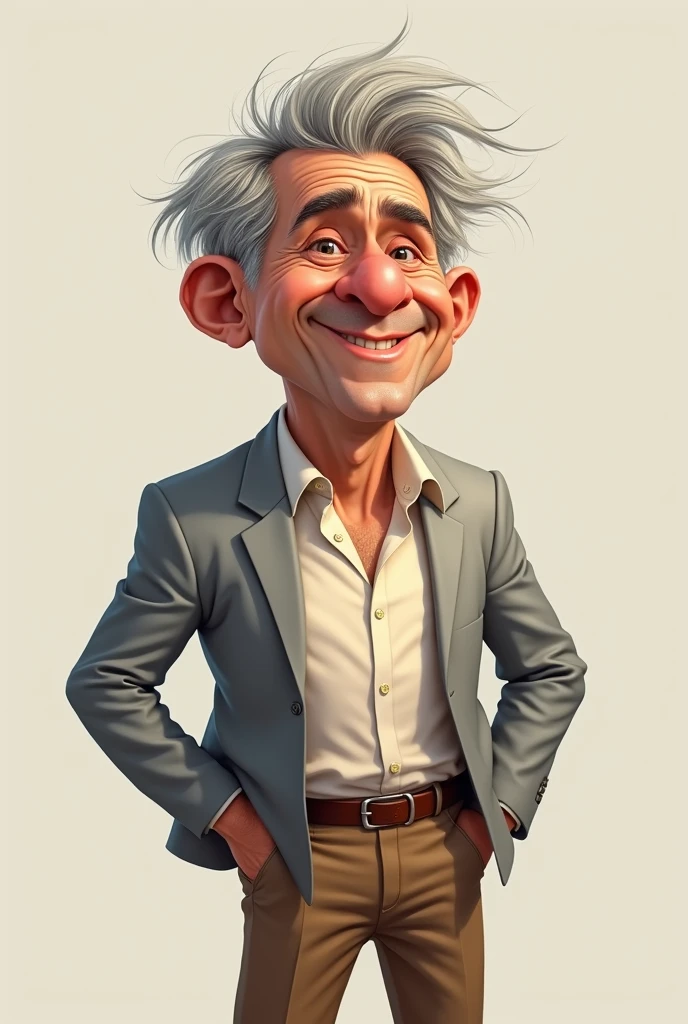 "Create a caricature of a gray-haired man, short low, crooked smile wearing a light gray suit jacket with a light dress shirt underneath, brown soxila pants with belt above the navel . He is smiling, with a friendly expression. Instead of holding a certificate, he holds a Flamengo team sign, with the club's colors and emblem clearly visible. The caricature should gently exaggerate the gentleman's facial features., maintaining a light and humorous tone."