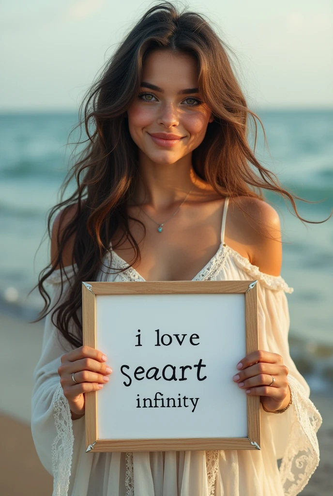 Beautiful girl with wavy long hair, bohemian dress, holding a white board with text "I Love Seaart Infinity" and showing it to the viewer