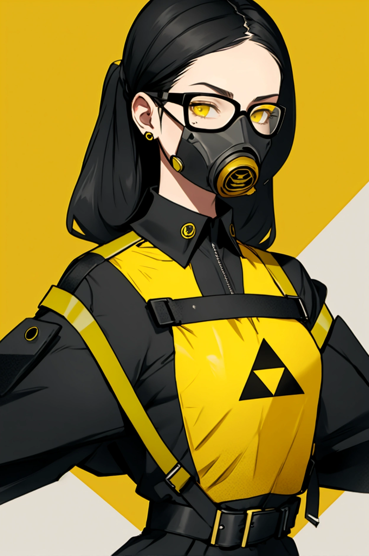 woman GLASSES with black frame YELLOW hero, DARK glue , YELLOW TRIANGLE on the chest, ARTPOP gas mask