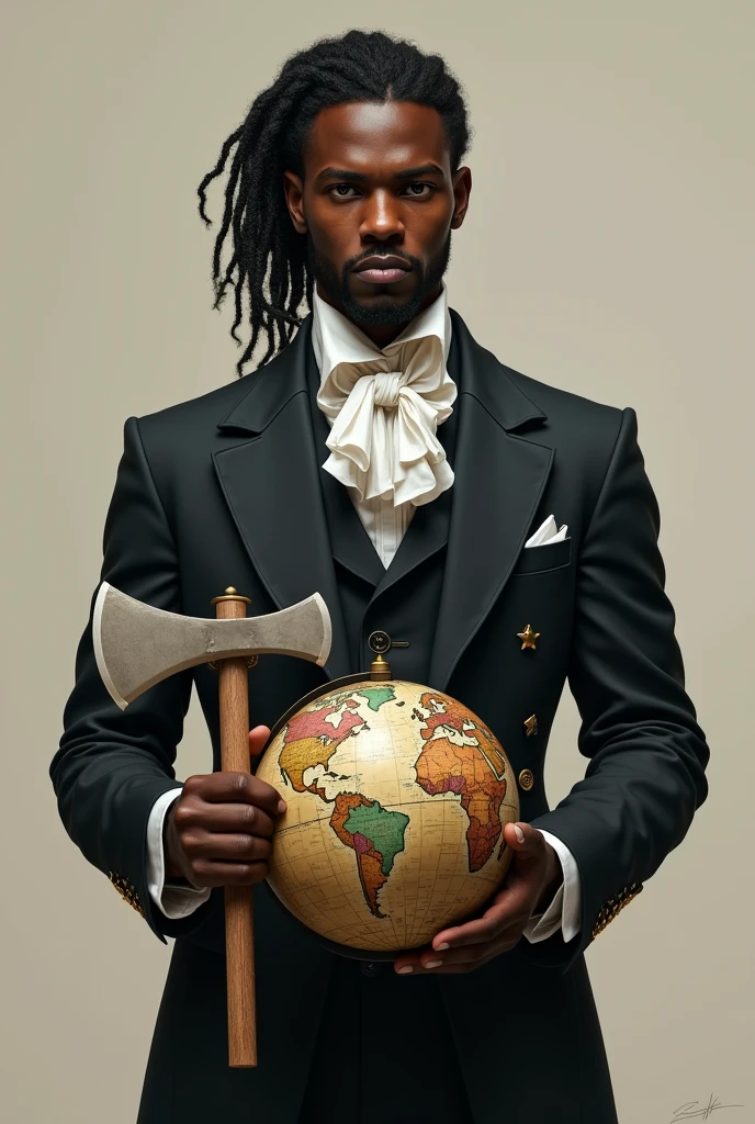 black male, braided hair, wearing a period suit, holding the globe in one hand and an axe in the other hand