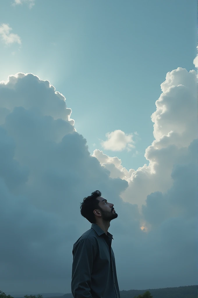 A man looking at the sad sky