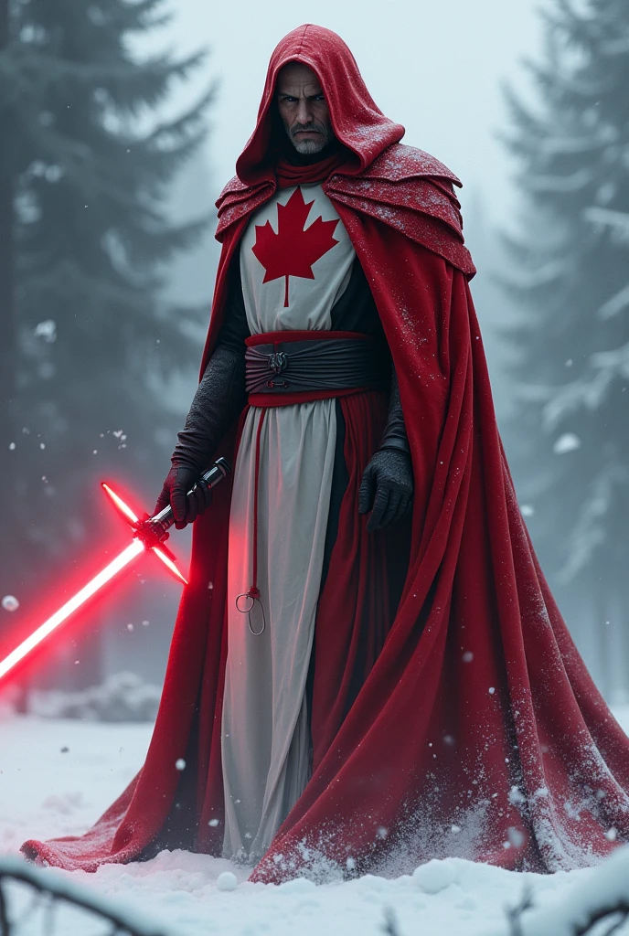 The country canada as a Sith Lord from Star Wars, Leaf on the Cape, Cape colors red and white, Snow, red lightsaber, scary, frightening, ultra-realistic