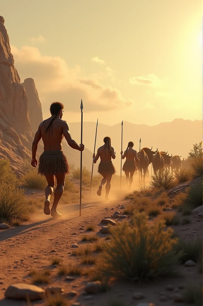 an image of an upper Paleolithic scene where human hunters, using thrusters, throw assegais towards a herd of bison. Hunters are on the move, hiding behind rocks or shrubs to approach their prey. The sky is clear with golden light at the end of the day. , render the scene in a digital realism style with influences from classical landscape painting, with intricate details and a slightly idealized, ethereal quality