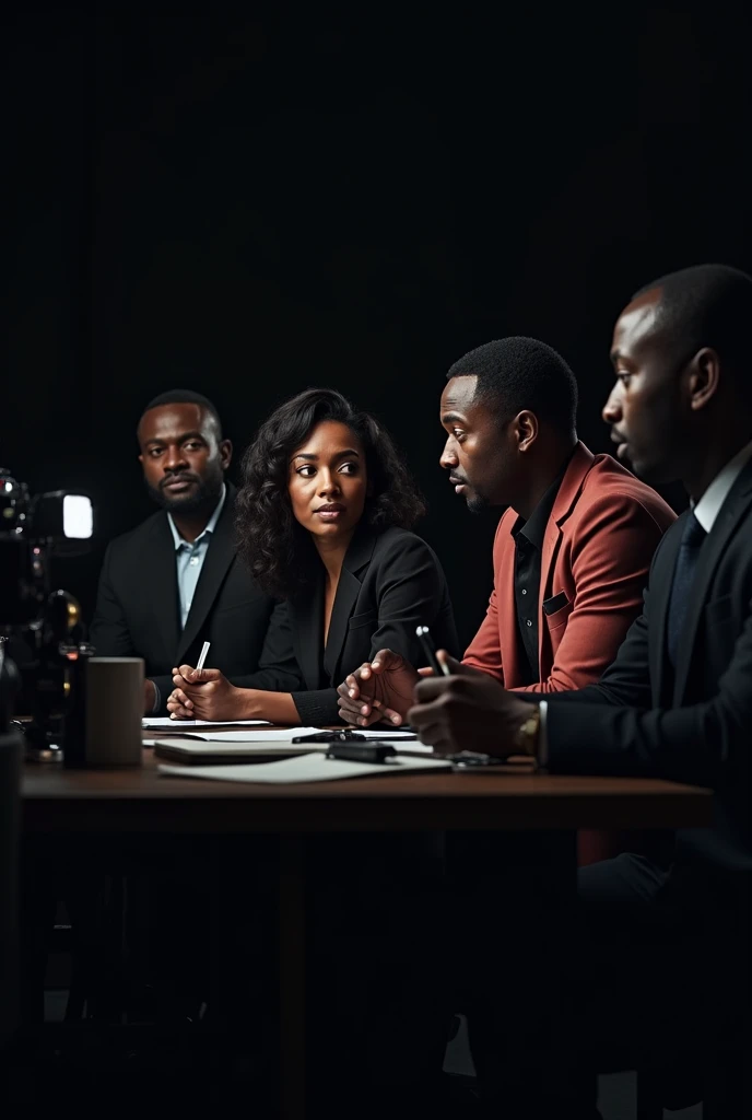 Une équipe noir de télévision en background, avec les techniciens, la présentatrice, les cheveux noirs. L'équipe doit être africaine de couleur noir. La photo doit avoir l'air d'être prise de loin