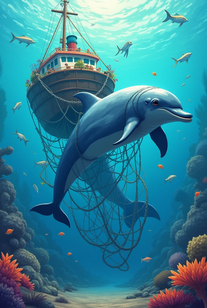 dolphin with only its tail caught in an industrial fishing net in the sea of a huge fish fishing vessel underwater, clearer image with more sea elements, more colorful and for children