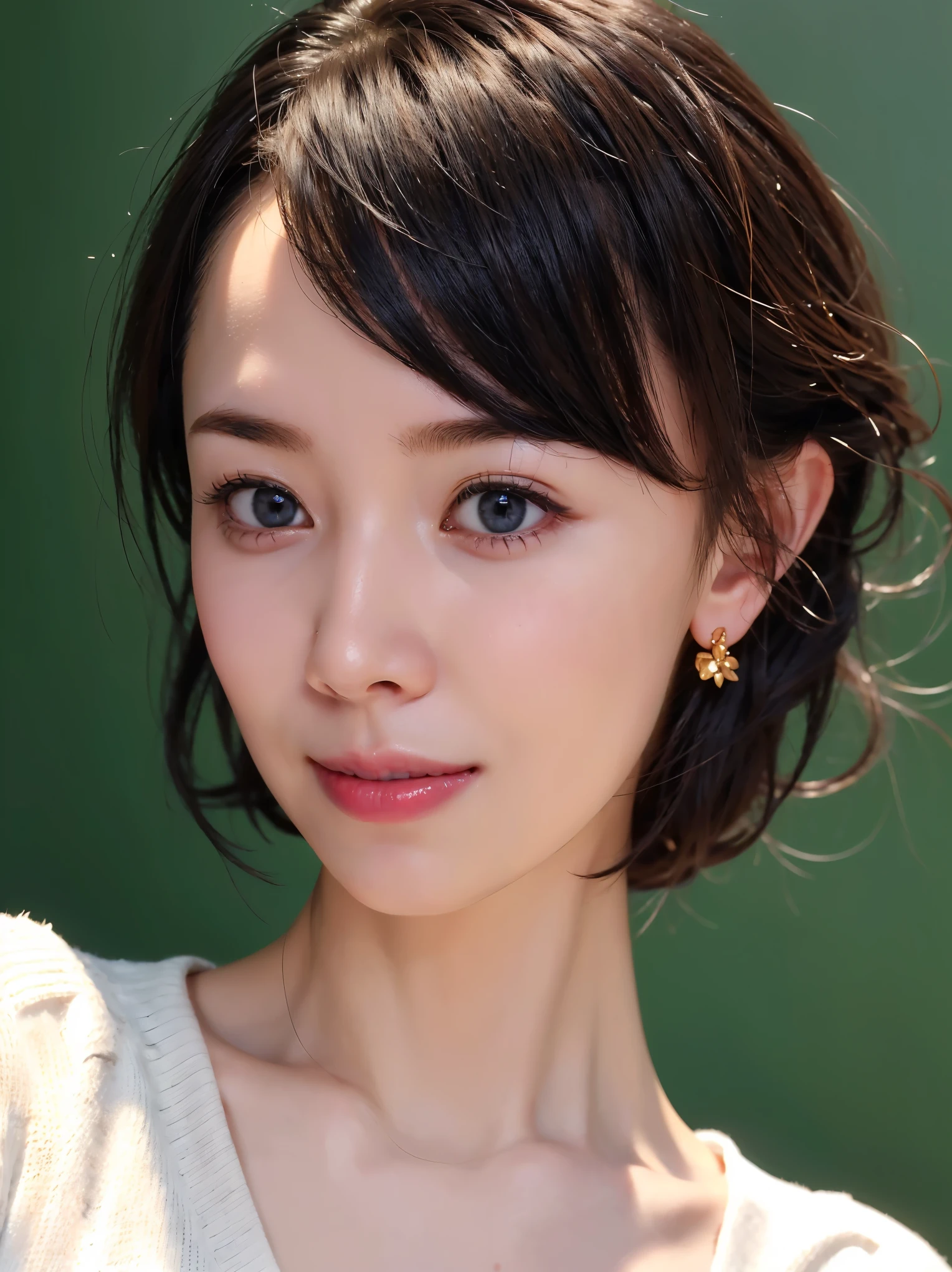 (masterpiece:1.3), (8k, Realistic, RAW Photos, Highest quality: 1.4), (One person), Beautiful Face, (Realistic Face), (Black Hair, short hair:1.3), Beautiful hairstyle, Realistic eyes, Beautiful attention to detail, Bust Shot、(Realistic Skin), Beautiful Skin, (Thin sweater), delicate textures、Absurd, Charm, Ultra-high resolution, Ultra-realistic, Very detailed, Golden Ratio