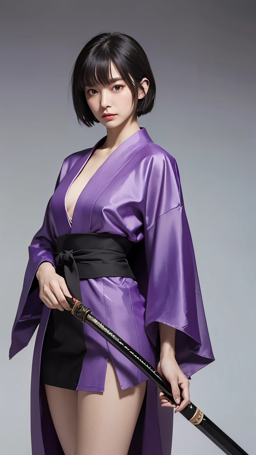 Highest quality, Detailed Background, , Japan_street, Image of a woman in a purple miniskirt kimono, Female full body art, Bobcut, Scale photo, Full body close-up shot, Boob proportions, dramatic katana pose, katanas strapped to her back, unsheathing her katana, ((wearing a noble robe)), thick, Short full body portrait!