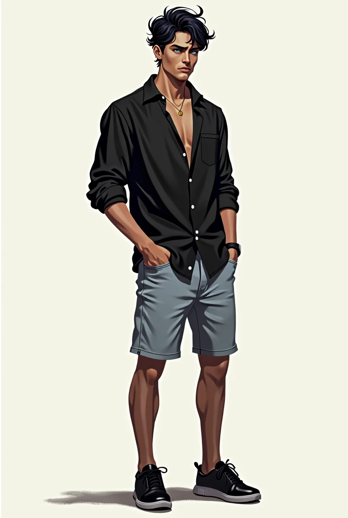 A digital drawing of a 22-year-old man with black hair and dark blue eyes wearing a black shirt open to the top button and light denim shorts and black sneakers with a frowning face. 