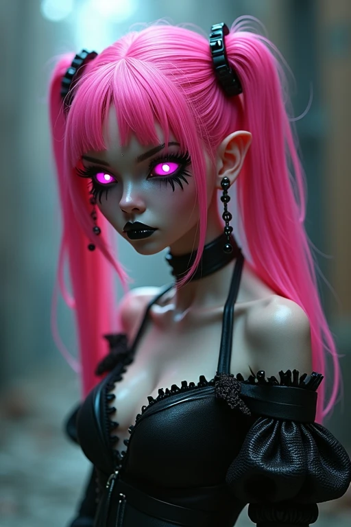 One person, Pink eyes, Anatomically correct, High resolution, Twin tails, magenta hair, Purple Hair, Neon green mesh hairstyle, Slanted Eyes, Solemn, Contemptuous eyes, Character Design, Magenta Goth