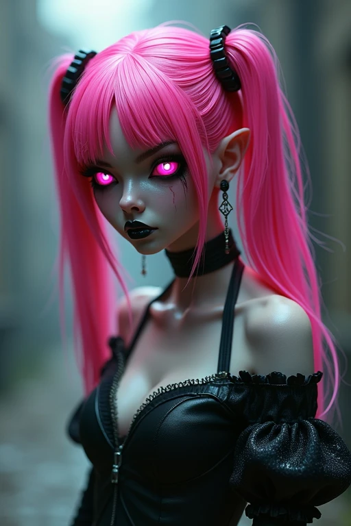 One person, Pink eyes, Anatomically correct, High resolution, Twin tails, magenta hair, Purple Hair, Neon green mesh hairstyle, Slanted Eyes, Solemn, Contemptuous eyes, Character Design, Magenta Goth