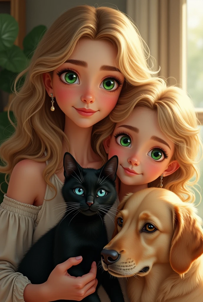 A blonde hair with green eyes woman and a curly hair with green eyes daughter and black cat with blue eyes and golden dog