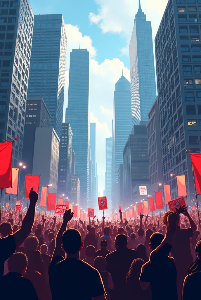 a crowd in front of tall buildings, rooting for politicians