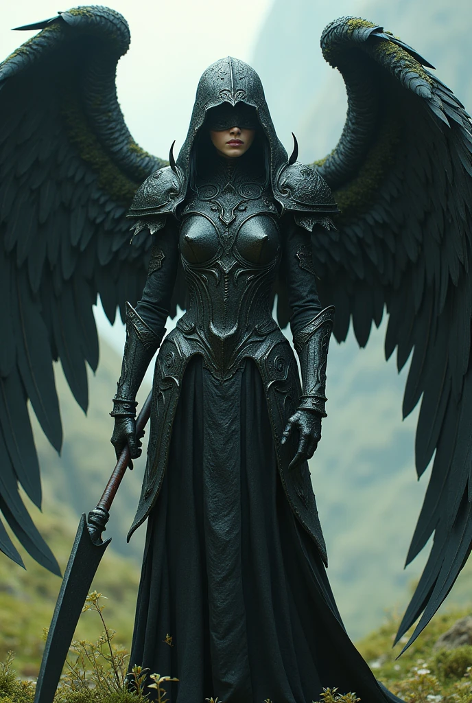 Female black angel, black and green armor all made of moss iron, blindfold helmet, 4 pairs of wings, and scythe