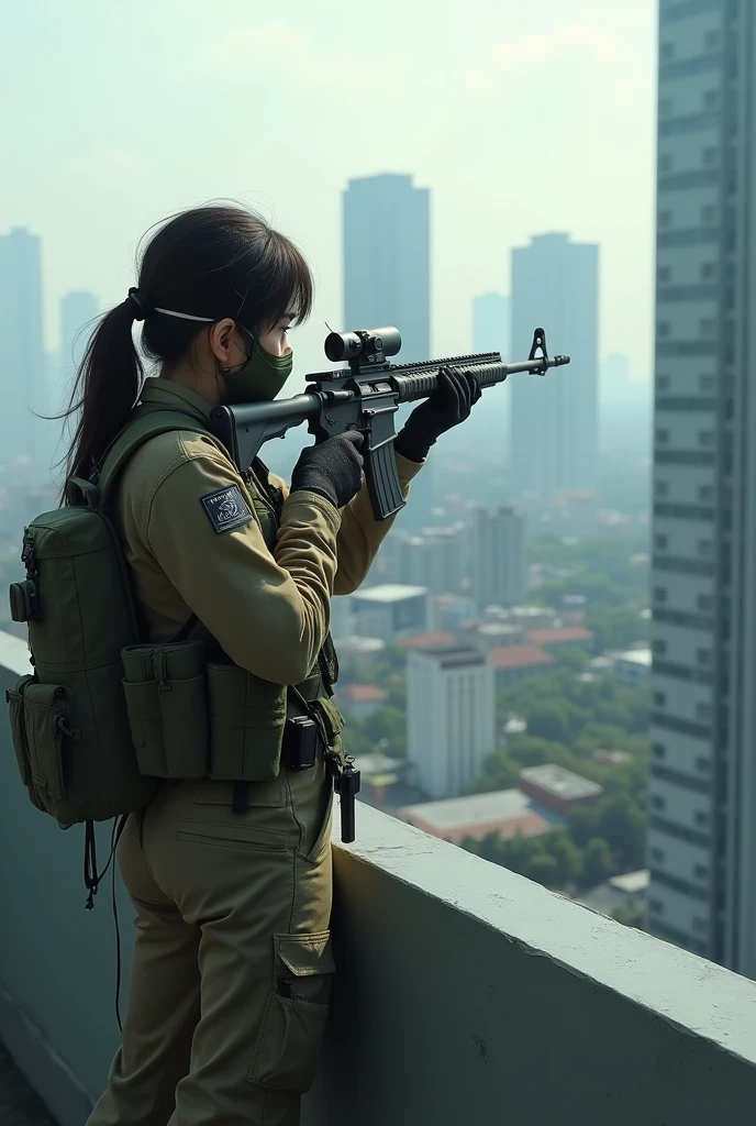 Vietnamese female sniper wearing a cloth mask standing on the roof of a high-rise building without a hood holding a gun