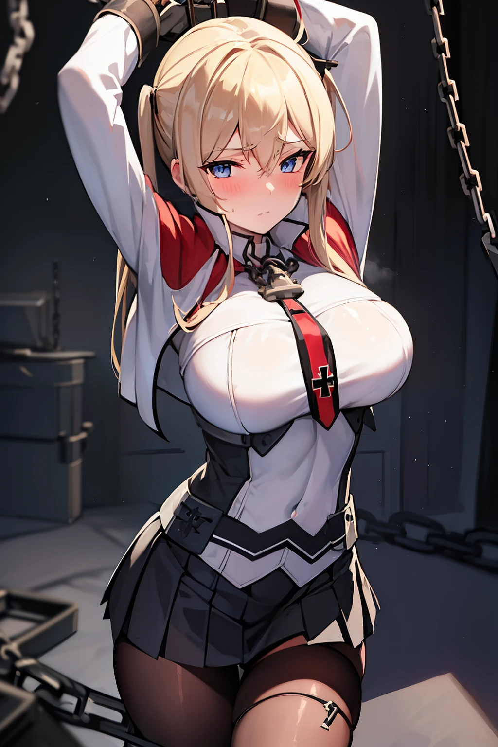 best quality, masterpiece, highres, solo, {graf_zeppelin_kantaicollection:1.15}, blonde_hair, twintails, long_hair, sidelocks, hair_between_eyes, breasts, blue_eyes, capelet, large_breasts, hat, peaked_cap, necktie, military, black skirt, short skirt, black tights, cross, blush, 1girl, looking_at_viewer, military_uniform, uniform, iron_cross, black_gloves, gloves, upper_body, ((((chained_superior)))), ((Arms suspended by chains)), arms over head, large breast, indoor, bed room, cabinet, hanged, standing, shy, scowl, teeth, sweat,