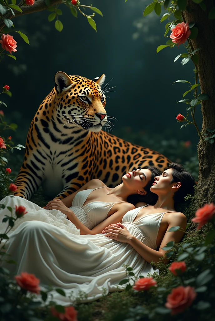 Man and woman lying down with a jaguar in a place full of roses and a dark background 