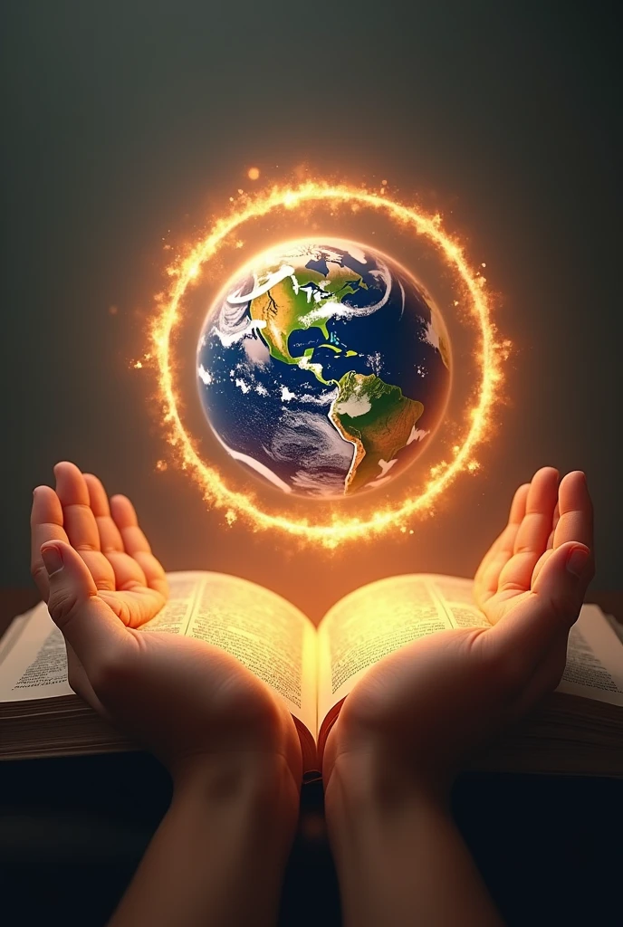 Two open hands with the palms facing upwards with a globe on top of the hands, coming out of a large open bible, as if it were sprouting from within the bible. Rings of fire surrounding the globe, looking like fire is entering the globe. no back ground. Very realistic and magical.A caption underneath in bright, fiery letters written: ADMIRE