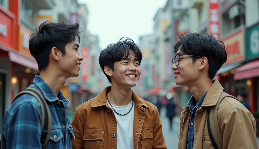 Three male Japanese college students wearing fashionable clothes on a trip are facing each other and having a conversation with bright expressions,Excited, Photo of your face, Beautiful city background, with a natural look, With a slightly tired look, tilt your face a little, Diagonal orientation, Average face