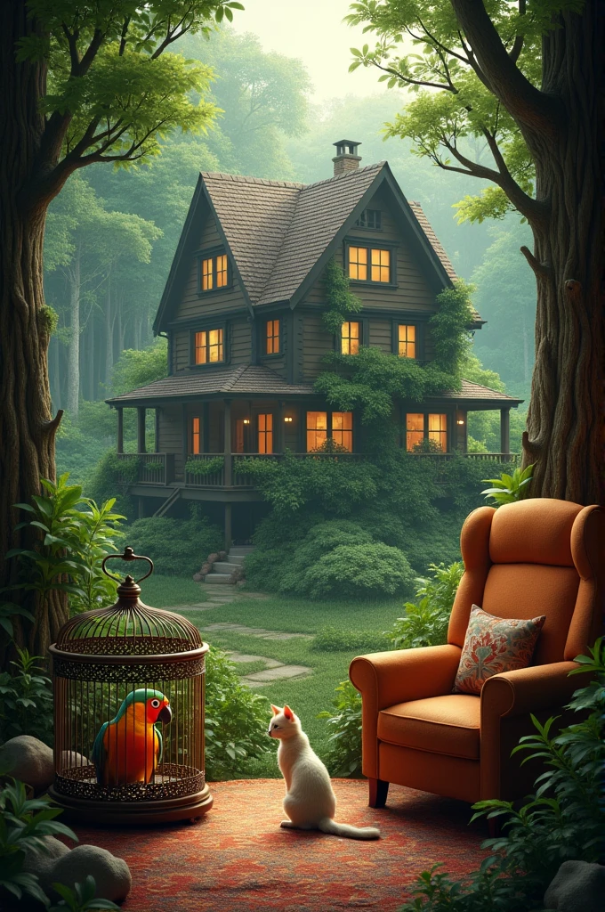 Show an exterior shot of the cozy house nestled by the forest, transitioning to an interior shot that introduces Pico, the parrot, perched in his cage, and Whiskers, the cat, sitting by the window.