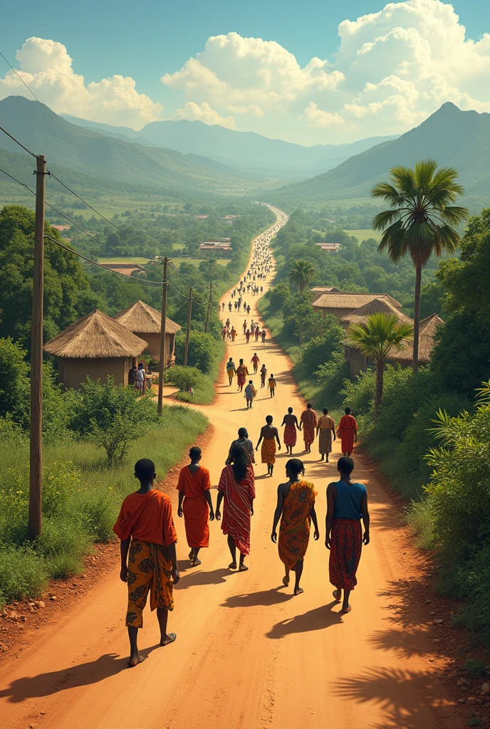 an african village with people walking in one direction on an endless road