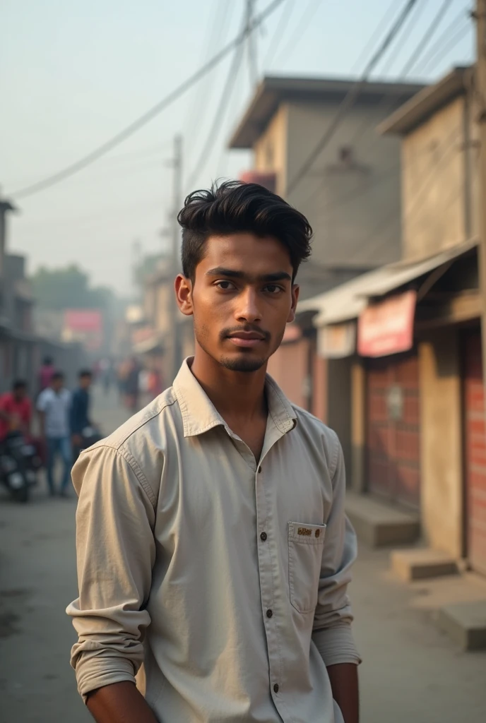 17 year old Indian boy handsome wearing normal dress posing for name Nadeem darbhanga bihar in background