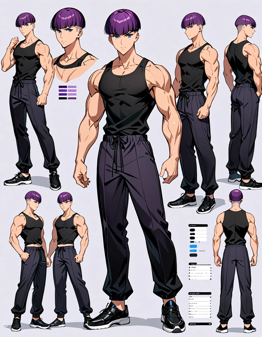 (masterpiece), (best quality), (high res), male, tall body, beautiful detailed eyes, beautiful detailed face, serious, perfect hands, complete fingers, perfect anatomy, perfect proportions, ((purple hair, short hair, undercut haircut bowl cut )), ((blue eyes)), (( black tank top and black buggy pants outfit)), muscles, hand pose, looking at viewer, (solo, solo focus), standing,, sword on the back, full body costume design. Simple background, Multiple Views, Character Sheet Full-Length.
