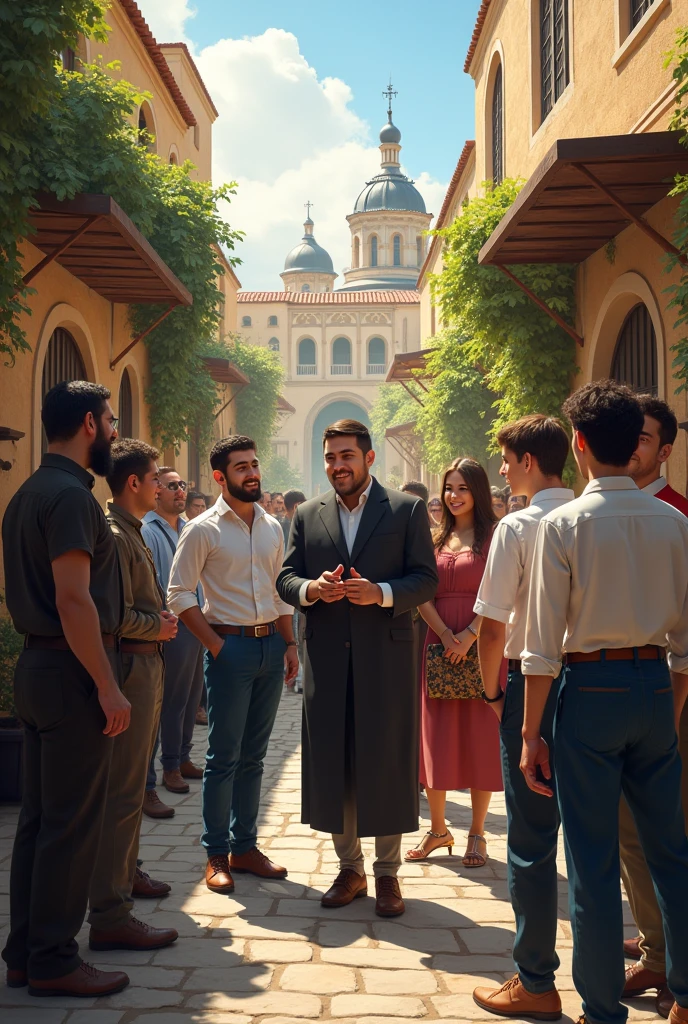 Realistic photo Group of young Jewish men and women residential village. Focus on character and setting.