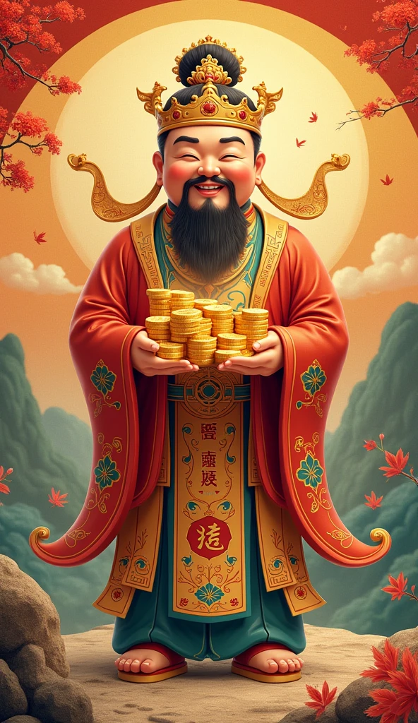 Smile Charity，Chinese god of wealth holding a stack of gold coins