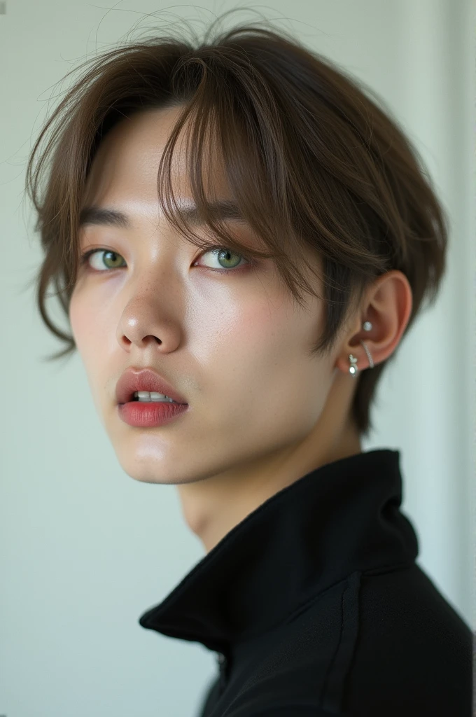 korean man. Thin but somewhat fit. He has no hair on his body or face.. Her hair is light brown and straight., Also a little long in the back and in the front it reaches above the eyes.. Her skin is somewhat pale, but not much. His eyes are green, turned up nose and has a piercing in the lower lip on the left side.
